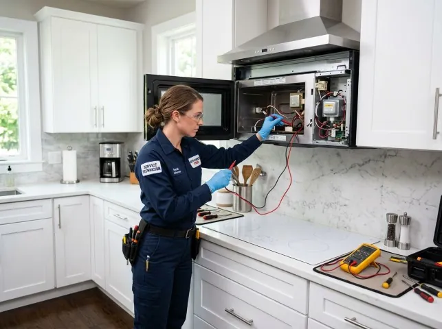 Appliance Repair Hero technician testing an over-the-range microwave in a Auburndale, FL kitchen